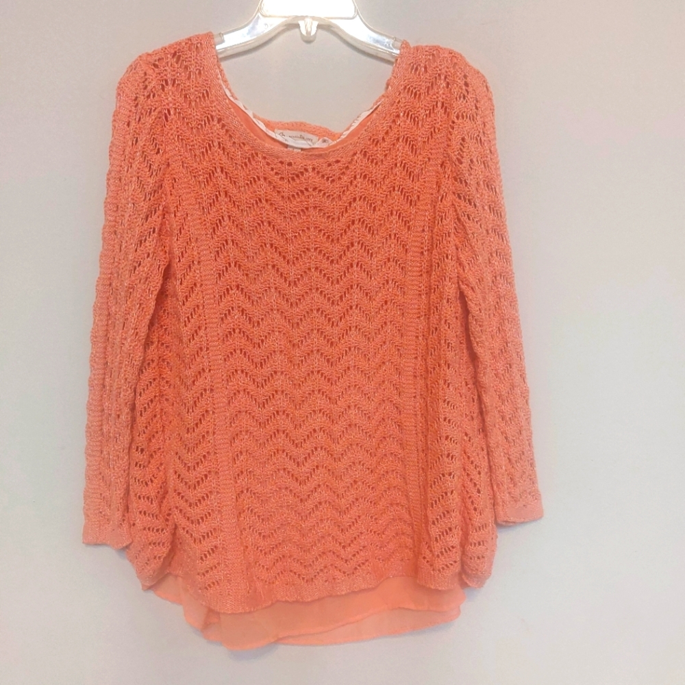 CB Established 1962 Pullover Open Weave Spilt Back, Peach Sweater sz Large.